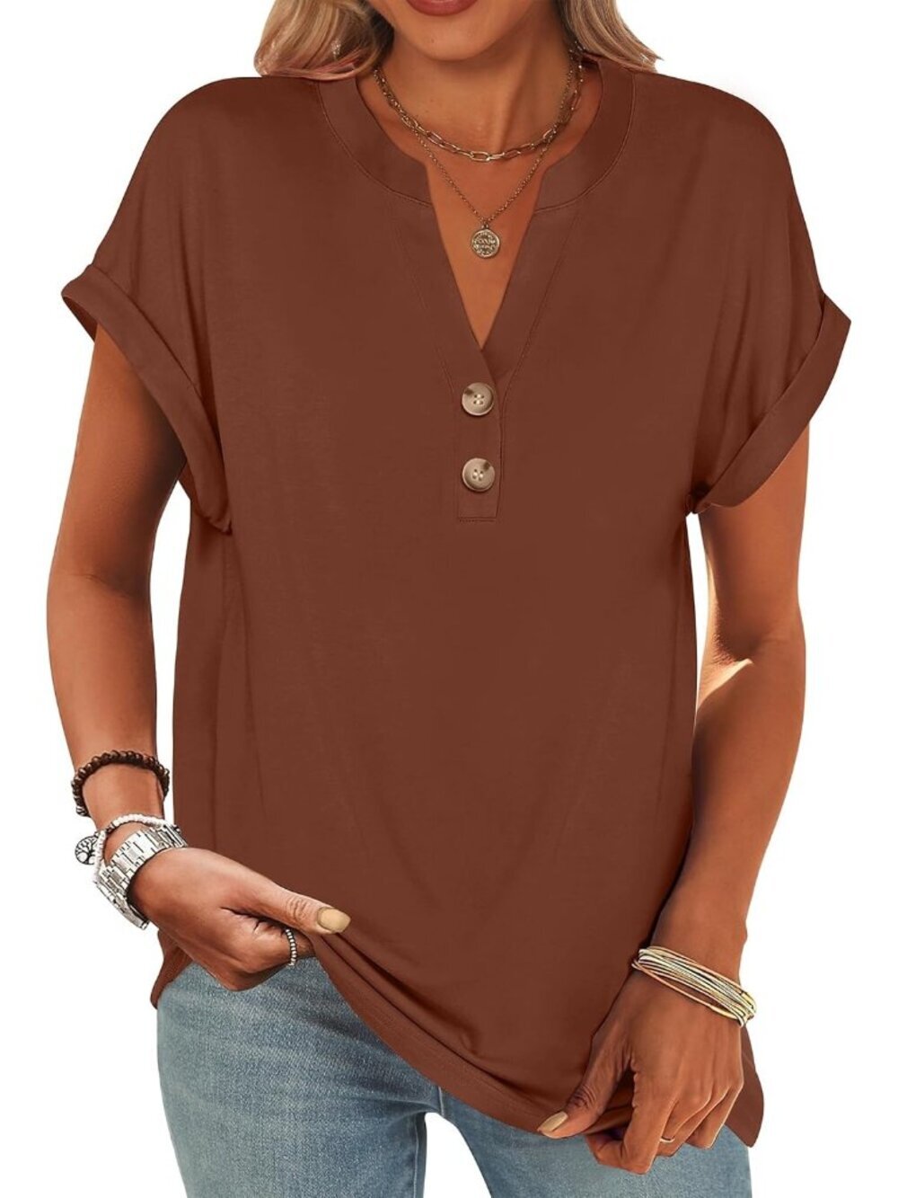 Women's Brown Summer Short Sleeves Henley V Neck Comfortable Trendy Tee Shirts